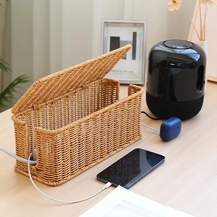 Handmade Rattan Cable Management Box with Desk Cord Organizer