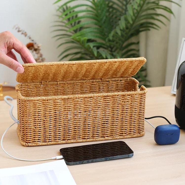Handmade Rattan Cable Management Box with Desk Cord Organizer