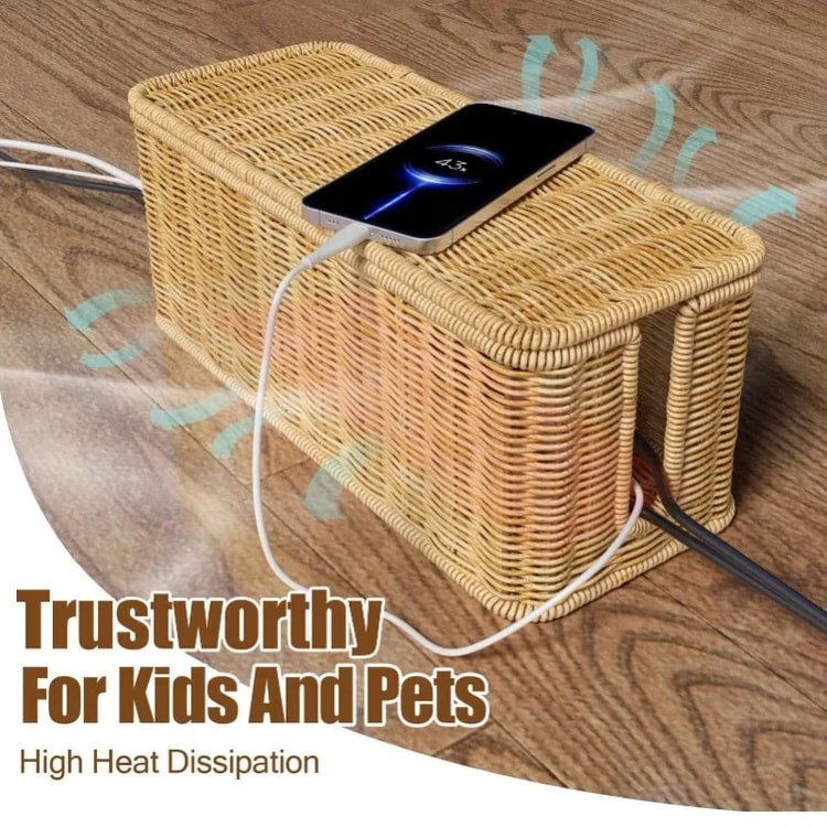 Handmade Rattan Cable Management Box with Desk Cord Organizer