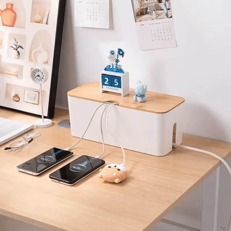 Wooden Cable Management Box for Power Strips & Charger Organization